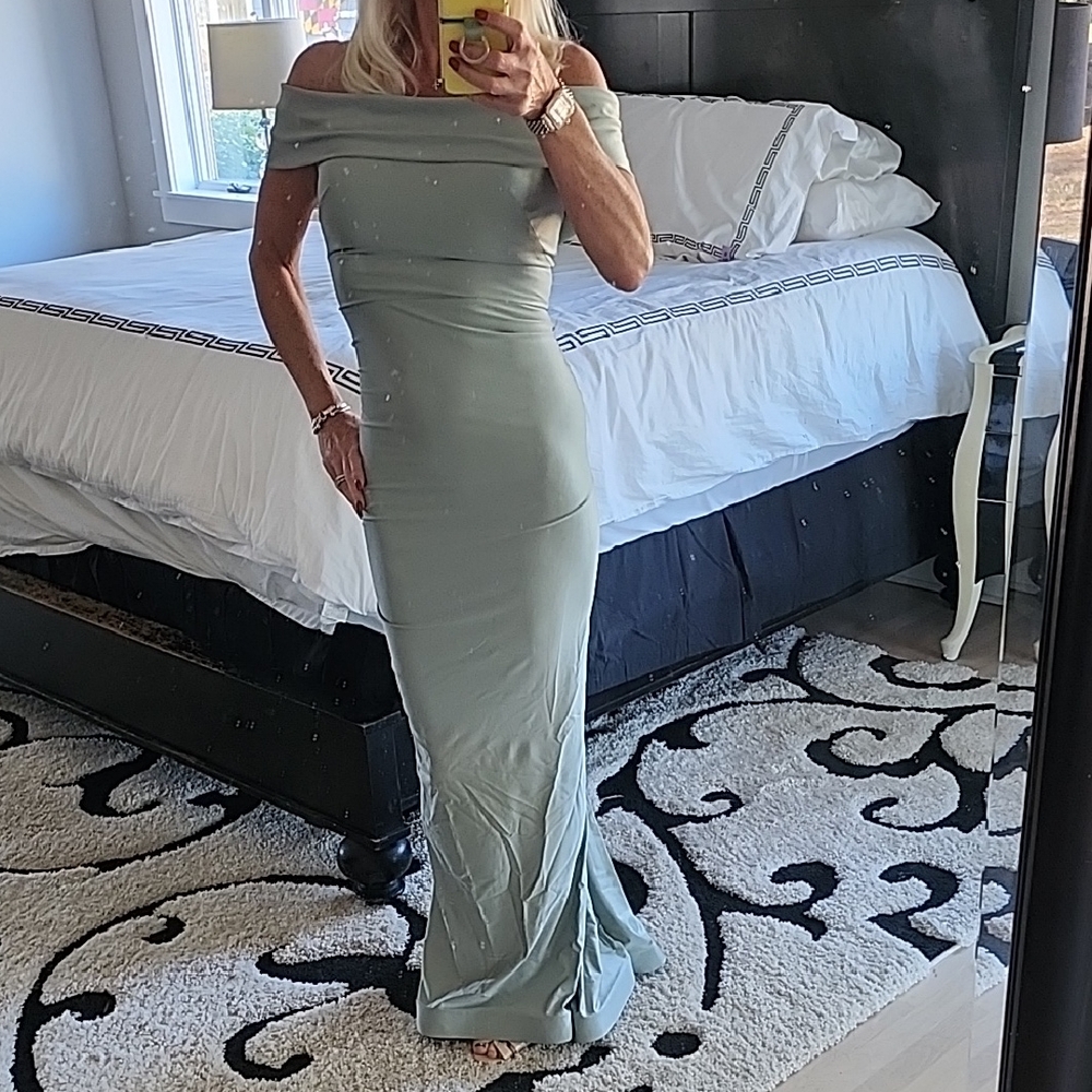 Nicole Bakti Off-Shoulder Green Maxi Dress, Includes Designer's Dress Bag